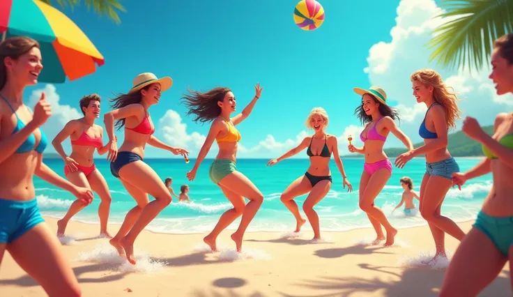 A group of friends enjoying a beach party, dancing, playing volleyball, and swimming in the ocean.