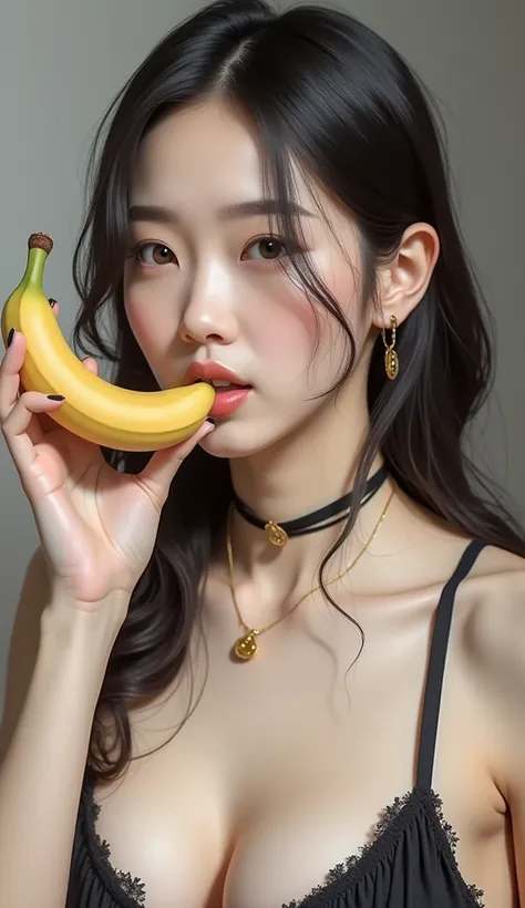 Top quality, Super high quality, One banana, Sucking (One Korean style woman is sucking one banana)
