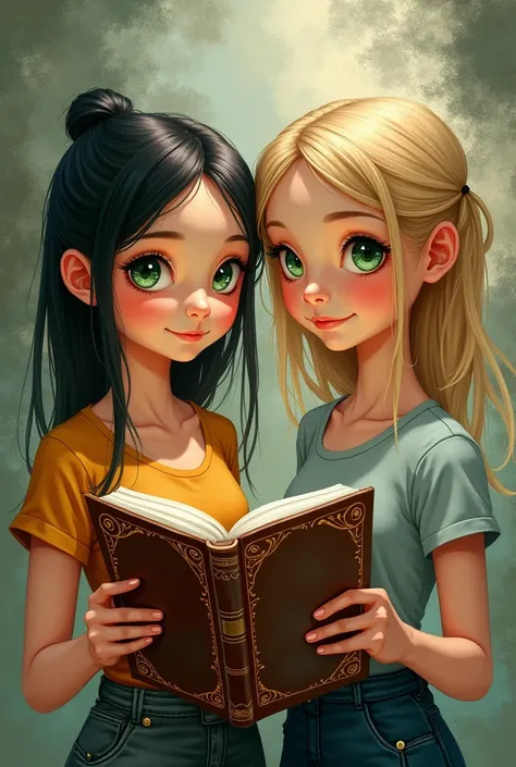 Create an illustration of a 2 girl, with dark blond hair and green eyes, with your autistic cord, Holding a history book, 