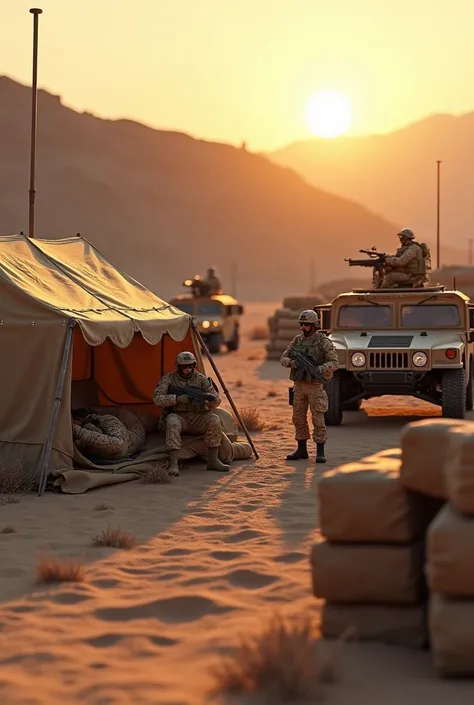 Photorealism 1.3 realism high quality epic realism 4 of little tiny modern army toys guard in fort sandbag with machine gun M24 digital desert camouflage uniform tent brown one of them sleep in the hills  one with blanket outside tent campfire sunset mode ...