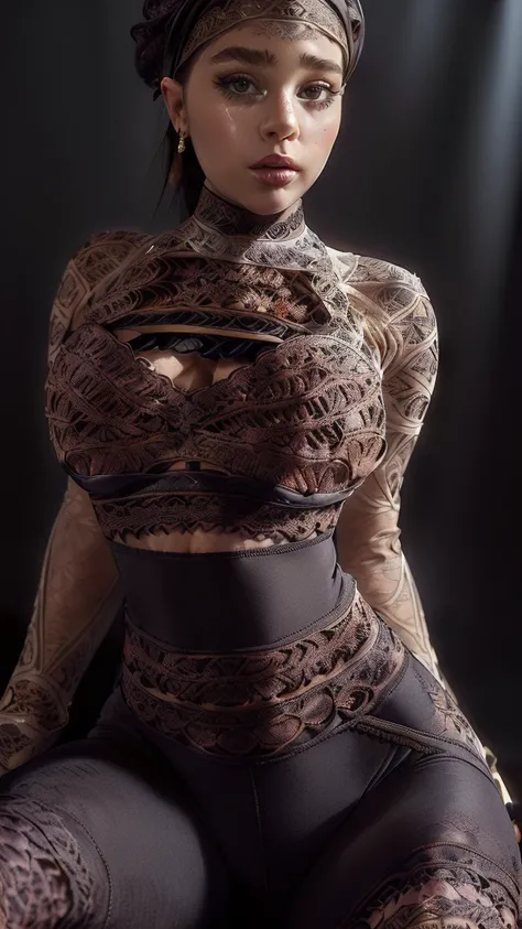 with a huge bust, facial expression, giant breasts, giant bust, fat bust defined cheekbones, in a turtleneck and leggings, (((bra1.6)), tight pants, sash, ((intricate details:1.4))detailed face:1.5), light skin,(puffy lips:1.5) (light skin:1.6),  ((sitting...