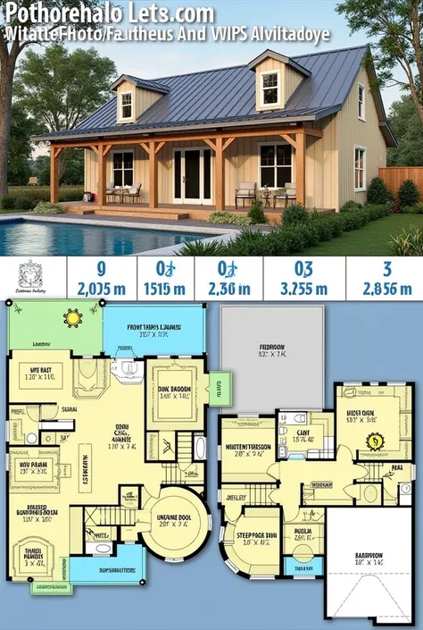 Give me a best farmhouse design with besides smaller 2 car parking with swimming pool