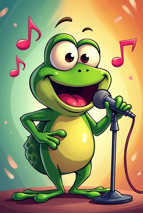 Illustrate a frog singing with a microphone, Let it be a cartoon