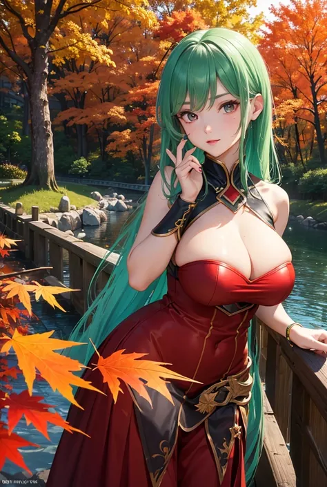 ((Masterpiece, Best Quality)), Ultra Detailed, Official Art, Unity 8k Wallpaper, Official Costume, sharp colors, Perfect Face, Shiny Skin, Sparkling Pupils, Hair Pick Dyed Red, Daytime, Background is Fire Red Maple Forest, Maple Leaf, Riverside, Wooden Bri...