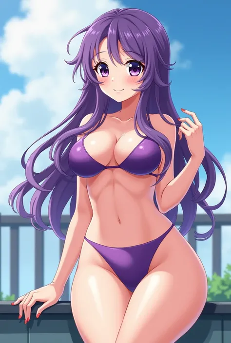 A girl, with long purple hair and purple eyes, She has big breasts and is wearing a swimsuit. She is cheerful and pretty. anime design 