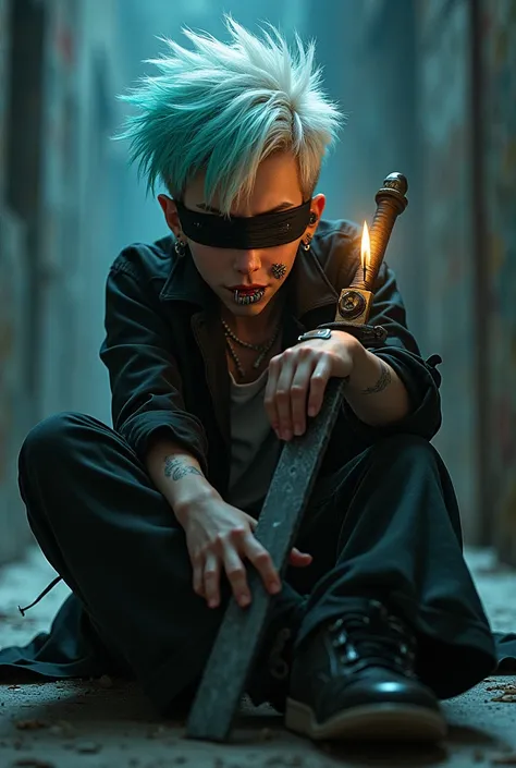 Create a boy with short white and cyan blue hair combed to the side, He has a black bandage on his eyes, She has a nose piercing, two lower lip piercings, and an earring in her right ear., has a mocking expression, He has a cigarette, is sitting with his l...