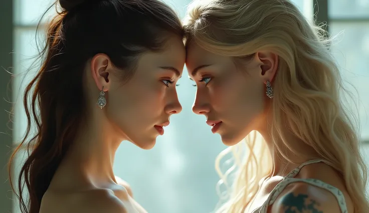 A blonde woman with blue eyes as if she were Russian next to an Asian woman from Japan standing side by side as if confronting each other or facing each other as if before a fight, both very sensual, Very realistic and forward-facing style