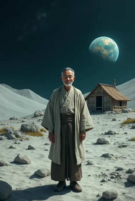 An Asian grandfather with black hair built a house on the moon, and there was Earth in the distance.