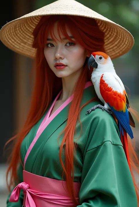 woman wearing a straw samurai hat with a green kimono with pink details and a pink ribbon in the middle of the kimono and long red hair and a small white and red parrot on her shoulder
