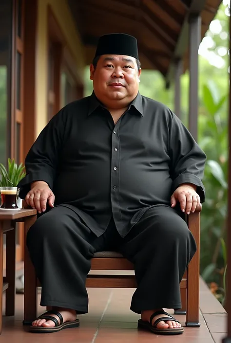 A detailed portrait of a ((Handsome)) FAT Javanese 
( MAN)
,wearing black traditional Javanese clothes, including a black Muslim cap and black trousers, with wooden sandals. He is seated on a wooden chair on the porch of his house, with a glass black coffe...