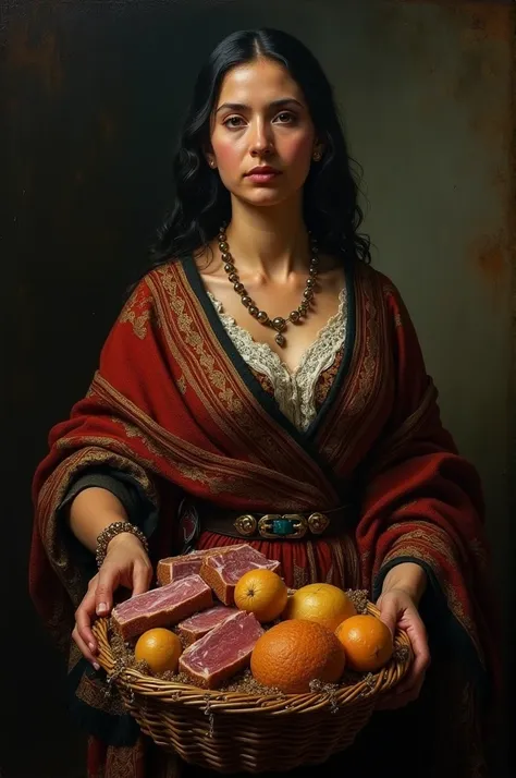 masterpiece, realist, high contrast, black dark background, baroque painting style, Mexican woman with reboso, with a basket full of sweet Mexican traditions, like marzipan, ate, palanquetas, ham, hamlets, muy realist, shocking look, lights and shadows rem...