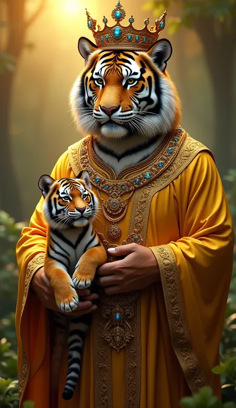 Create a picture of a tiger as father and son, wearing a golden robe like a king wearing a crown, realistic, very detailed, 4k, clear resolution