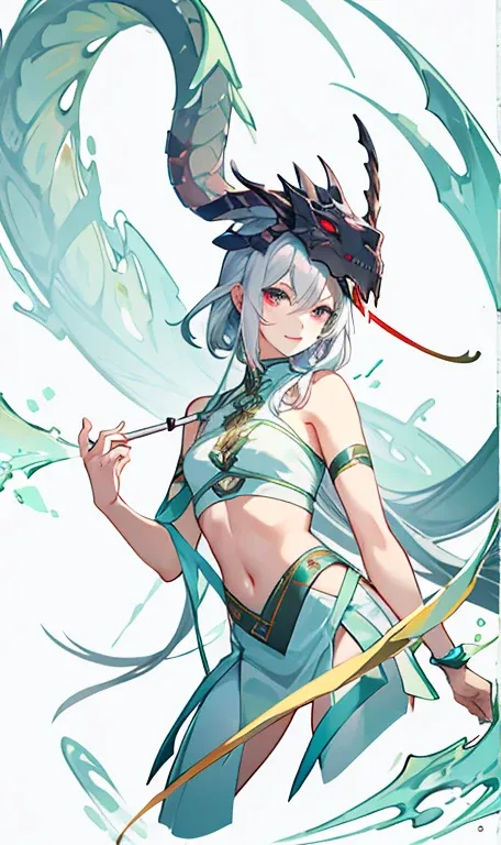 Snake hair.Dragon Horn，Half Skull Mask. Features of the five senses of Asians，Bandage wrapping，Bones wrapped around the chest，Sexy lower body，Silver，Sexy，aesthetics， Holding an irregular spear，Three White. Anime animation style.There&#39;s a skeleton monst...