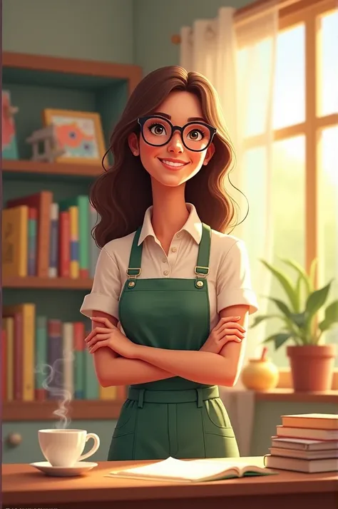 Primary school teacher, young, with glasses and wavy hair, white tea 