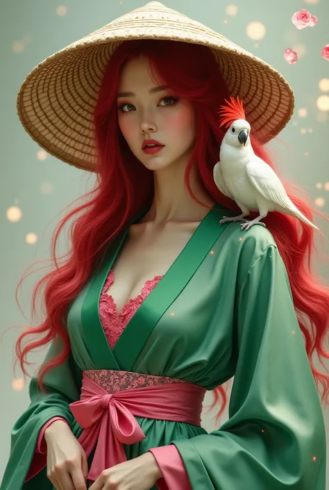 white woman wearing a straw samurai hat with a green kimono with pink details and a pink ribbon in the middle of the kimono and long red hair and a small white and red parrot on her shoulder

