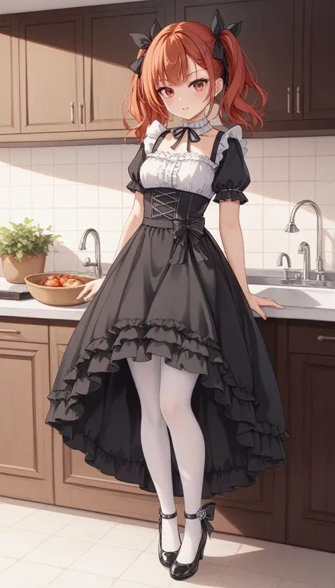 (high resolution、detailed,Beautiful latest anime、Warm colors:1.5).((High short twin tails,Black ribbon hair accessory、Redhead.Red eyes、Pregnancy-friendly body type}:1.5.(Cute blouse with black ribbon、Black gothic long skirt with frills、White pantyhose、Blac...