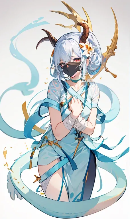 Snake hair.Dragon Horn，Half Skull Mask. Features of the five senses of Asians，Bandage wrapping，Bones wrapped around the chest，Sexy lower body，Silver，Sexy，aesthetics， Holding an irregular spear，Three White. Anime animation style.There&#39;s a skeleton monst...