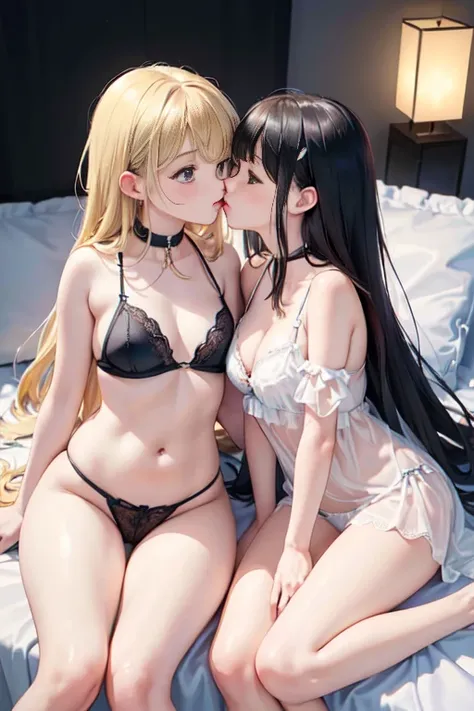 (8 (8k, Highest quality, masterpiece:1.2),cute,cute女の子たち,Couple girls,2 people，お腹にkissをする，mesugaki,Fantasy_world,kiss,On the futon，Lie，See-through lingerie，Interact&#39;Chest through clothes，Beautiful thighs，Gentle caress，Heavy breathing，white liquid splat...