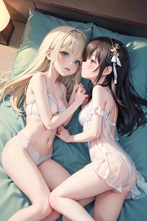 (8 (8k, Highest quality, masterpiece:1.2),cute,cute女の子たち,Couple girls,2 people，お腹にkissをする，mesugaki,Fantasy_world,kiss,On the futon，Lie，See-through lingerie，Interact&#39;Chest through clothes，Beautiful thighs，Gentle caress，Heavy breathing，white liquid splat...