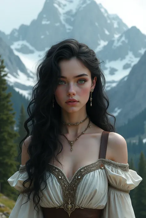 a young adult female with pale skin and green eyes wearing a medieval off the shoulder top, with long black curly hair in skyrim 