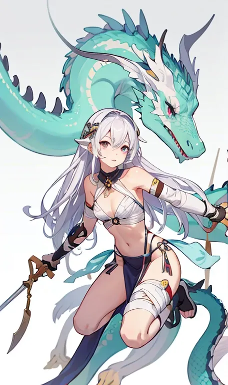 Snake hair.Dragon Horn，Half Skull Mask. Features of the five senses of Asians，Bandage wrapping，Bones wrapped around the chest，Sexy lower body，Silver，Sexy，aesthetics， Holding an irregular spear，Three White. Anime animation style.There&#39;s a skeleton monst...