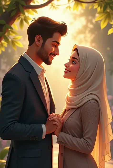 A handsome man holding a hijab girl hand and they looking each other and smilling