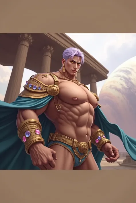 Giant muscular Asian man lavender hair yellow eyes dressed as Steampunk nobleman in Saturn palace earrings jewelry diamonds blue pink purple pearls speedos harness