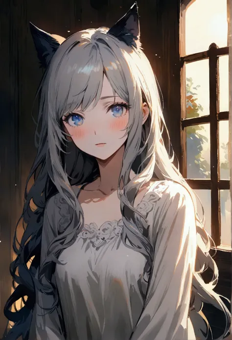 woman, Calm expression, Captivating eyes, blue eyes, Wavy long hair, Grey Hair, Black cat ears, loose fitting dress, Upper body coming out of the painting, The lower body in the picture, 出てくるwoman, Porcelain-like skin, A faint blush, (Rim Light:1.2), Warm ...