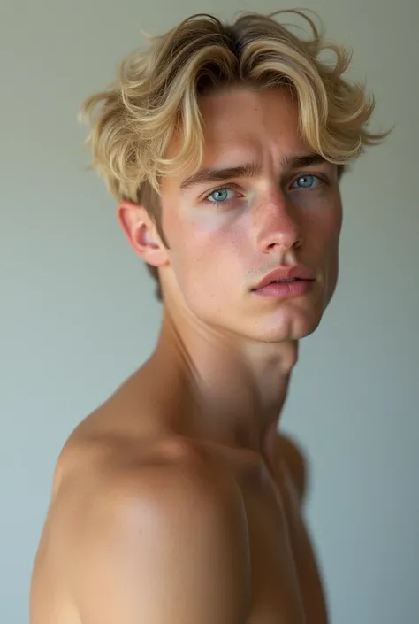 20 year old blond man  with a slim, curvy body and blue eyes 