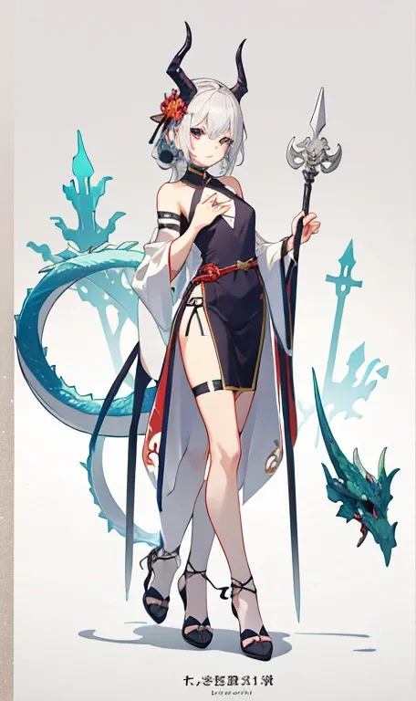 Snake hair.Dragon Horn，Half Skull Mask. Features of the five senses of Asians，Bandage wrapping，Bones wrapped around the chest，Sexy lower body，Silver，Sexy，aesthetics， Holding an irregular spear，Three White. Anime animation style.There&#39;s a skeleton monst...