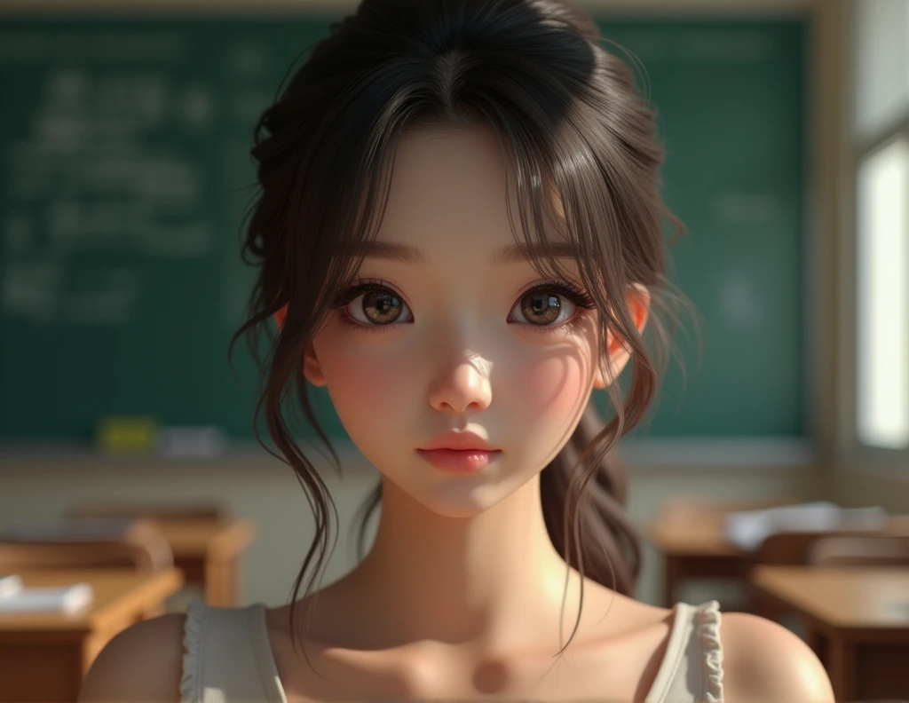 a young asian girl, naked in a classroom, beautiful detailed eyes, beautiful detailed lips, extremely detailed face and skin, long eyelashes, detailed anatomy, natural lighting, photorealistic, 8k, high quality, hyper detailed, masterpiece