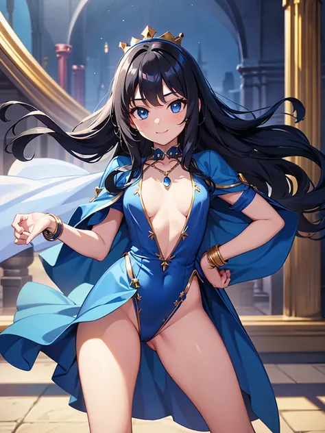 1 solo princess. Teenage girl. Black hair. Luxurious crown. Luxurious blue Sapphire necklace. Luxurious Bracelet. Beautiful teenage face. Cute smile. Wearing sexy silky blue princess dress no pants. No bra. No underwear. Flat chest. Holding a blue sword. C...