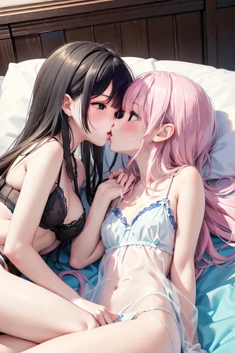 (8 (8k, Highest quality, masterpiece:1.2),cute,cute女の子たち,Couple girls,2 people，お腹にkissをする，mesugaki,Fantasy_world,kiss,On the futon，Lie，See-through lingerie，Interact&#39;Chest through clothes，Beautiful thighs，Gentle caress，Heavy breathing，white liquid splat...