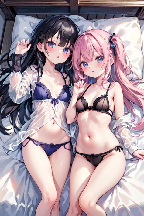 (8 (8k, Highest quality, masterpiece:1.2),cute,cute女の子たち,Couple girls,2 people，お腹にkissをする，mesugaki,Fantasy_world,kiss,On the futon，Lie，See-through lingerie，Interact&#39;Chest through clothes，Beautiful thighs，Gentle caress，Heavy breathing，white liquid splat...