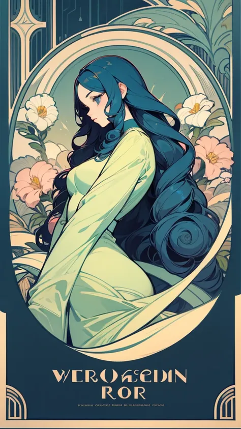 high resolution, woman with long curly hair。surrounded by tiny flowers、art deco、highly designed、art nouveau-like poster、light an...