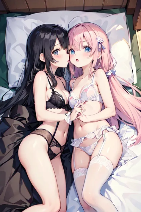 (8 (8k, Highest quality, masterpiece:1.2),cute,cute女の子たち,Couple girls,2 people，お腹にkissをする，mesugaki,Fantasy_world,kiss,On the futon，Lie，See-through lingerie，Interact&#39;Chest through clothes，Beautiful thighs，Gentle caress，Heavy breathing，white liquid splat...