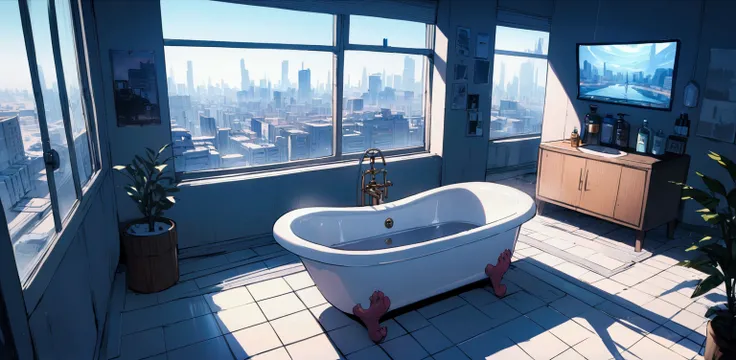 masterpiece,high resolution,Future City,Apartment.Clawfoot bathtub,shampoo,LCD Monitor,4th floor