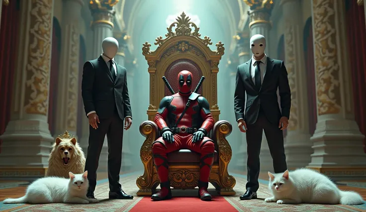 Astronaut suit guy sitting in a king thrown while 1 Deadpool, 1 Slenderman with no face just a blank white head with black suit, 1 white cat, 1 muscular guy with cctv head standing beside him