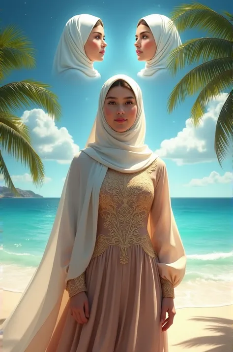 Portrait of a beautiful young woman wearing a luxurious dress and hijab standing on the beach with many trees and a blue sky,in the sky there are two faces of beautiful women wearing hijab