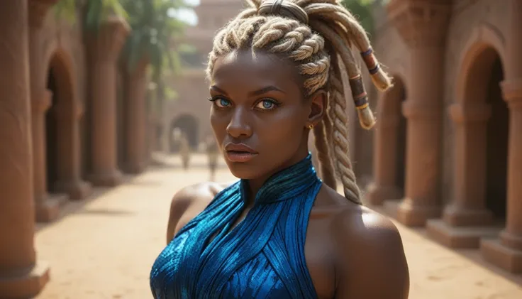 woman, based in niobe from matrix, based maya by killer instinct game, mulata, thin lips, tristin mays, black vinil dress from matrix movie, african skin, blue eyes, long blonde dreadlocks hair, rastafari hair, tied braid, hair tied up
