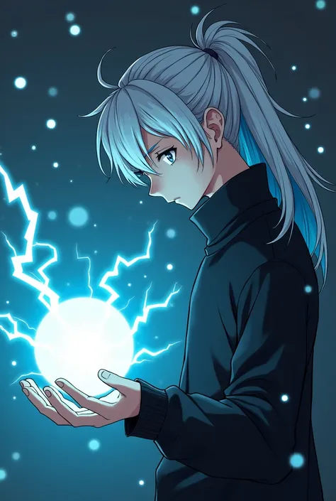 Create a boy wearing a black sweater and a black cyberpunk-style shirt with long white hair with cyan blue highlights combed into a ponytail with a serious and worried expression looking at the ground and in his left hand a ball of electrical energy , seen...