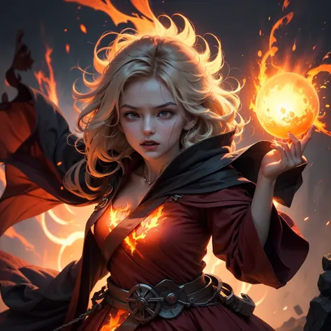 A formidable mage, garbed in flowing, ember-glowing robes, stands at the center of a desolate, scorched battlefield. The mage channels a blazing fireball, its searing flames illuminating the dark, smoke-filled air with intense, flickering light. The scene ...