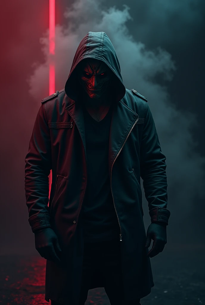 A man with dangerous maskblack jacket with black background smok and neon light