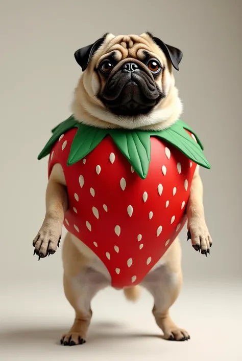 Pug　Stand on two legs　Wearing a strawberry costume