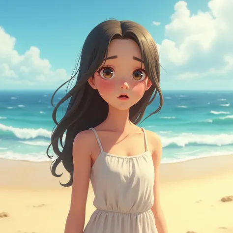 (photorealism:1.2),  girl at beach, scared, blushing