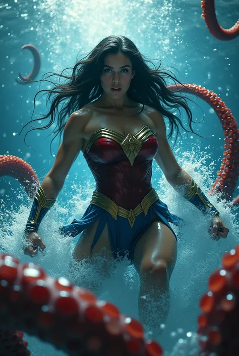 a muscular woman with long dark hair, wearing a red and blue costume, fiercely fighting underwater, water splashing around her, dramatic lighting, cinematic composition, highly detailed, 8k, photorealistic, octopus tentacles, heroic pose, courage, power, s...