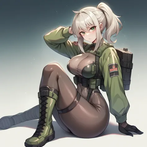 High resolution、detailed、masterpiece、Score 10、masterpiece、（Futuristic Stealth，Combat Uniform，black）
Platinum Blonde Hair、ponytail、Shiny Hair、（Spy，Attractive person,Ample breasts,Big Ass,green tactical jacket,black,see-through,Tactical Suit,Military boots）
...