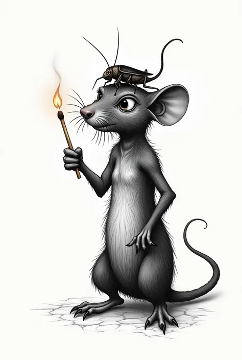 Design for a tattoo of a rat holding a match, He has a cockroach on his head