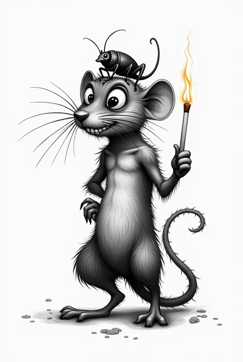 Design for a tattoo of a rat holding a match, He has a cockroach on his head