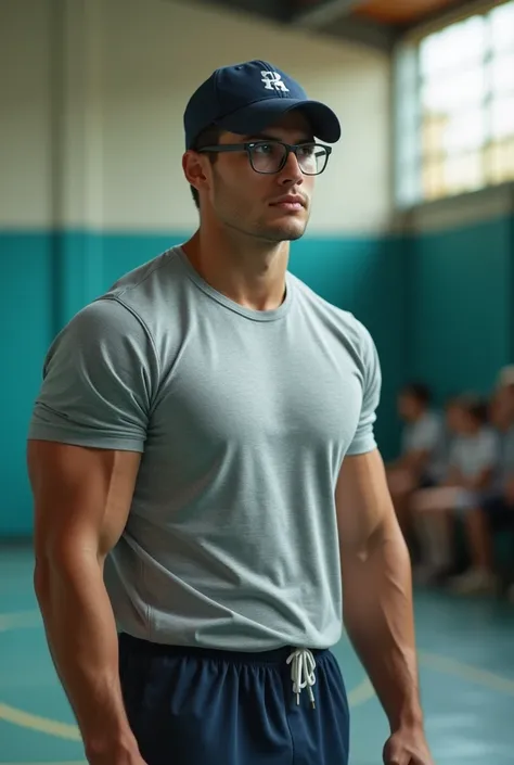 Young male primary school teacher with cap, black hair, glasses, muscular, serious and in sportswear